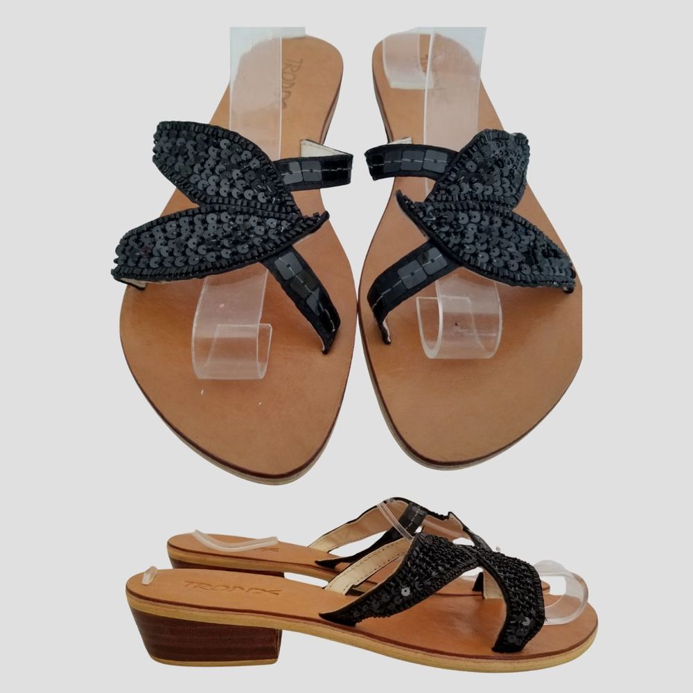 Tropix Sandals Womens Black Bead & Sequin Embellished Slides 1.25" Heel New